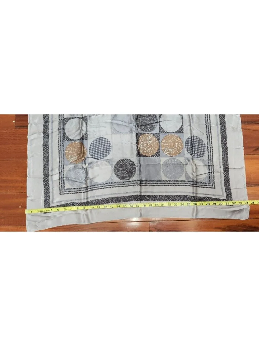 Adrienne Vittadini 100% Silk Scarf 34x34 Gray Tan Geometric Circle Print